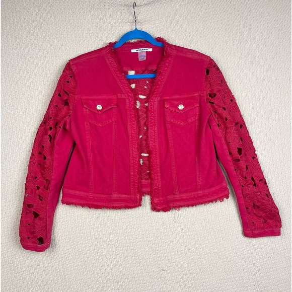Peter Nygard Red Denim Jacket By Nygard With Lace Women’s Size Large - Picture 1 of 10